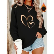 Kadın Tasarım Kalp Baskılı Bisiklet Yaka Siyah Sweatshirt Oversize Salaş