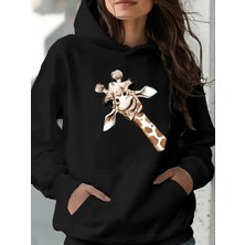 Kadın Yan Zürafa Gıraffe Baskılı Kapşonlu Siyah Gri Sweatshirt Oversize