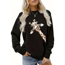 Kadın Yan Zürafa Gıraffe Baskılı Bisiklet Yaka Oversize Sweatshirt