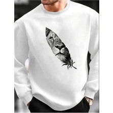 Erkek Aslan Baskılı Siyah Beyaz Gri Bisiklet Yaka Oversize Sweatshirt