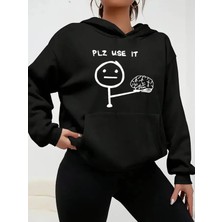 Kadın Komik 'bunu Kullan' Baskılı Kapşonlu Siyah Gri Sweatshirt Oversize