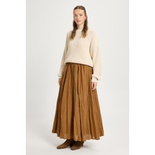 Kadın Camel Vual Kumaş Kırışık Uzun Astarlı Etek 29062