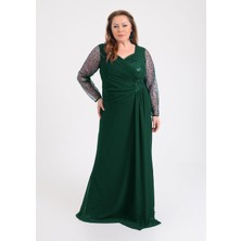 Büyük Beden Yeşil Renkli Şifon Uzun Abiye Elbise