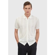 Ekru Polo Yaka Jakarlı Keten Karışımlı Hırka