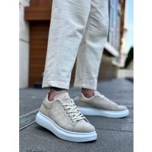 ET0547 Kalın Yüksek Taban Krem Süet Bağcıklı Spor Erkek Ayakkabı