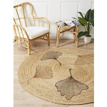Floral Desenli Örgü Yuvarlak Natural Çift Taraflı Halı Boho 907