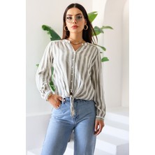 Yeni Sezon Kadın Uzun Kollu Çizgili Önden Bağlamalı Kadın Gömlek – Kadın Bluz