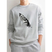 Erkek Aslan Baskılı Siyah Beyaz Gri Bisiklet Yaka Oversize Sweatshirt