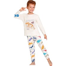 Elmpup Ekru Dinazor Desenli %100 Pamuk Erkek Çocuk Pijama Takımı 1-13 Yaş 3101