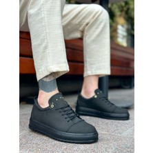 ET0152 Bağcıklı Yüksek Taban Siyah Keten Siyah Taban Erkek Ayakkabı