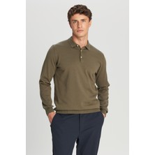 Altınyıldız Classics Erkek Haki Polo Yaka Pamuklu Kazak Uzun Kol Standart Fit Günlük Stil