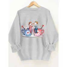 Kadın Kahve Aşkı Baskılı Bisiklet Yaka Oversize Sweatshirt