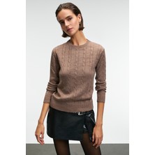 Grimelange QUERIDA Kadın Yuvarlak Yaka Saç Örgülü Regular Fit Triko Kahverengi Kazak