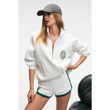 Grimelange TORMENTA Kadın Nakışlı Fermuarlı Dik Yaka Çift Cepli Reglan Kol Beyaz Sweatshirt