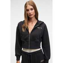 Grimelange ELARA Kadın Metal Fermuarlı Nakışlı Kapüşonlu Crop Antrasit Sweatshirt