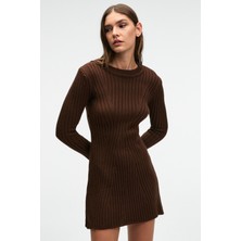 Grimelange ENCANTO Kadın Yuvarlak Yaka Çizgi Desenli Slim Fit Kahverengi Elbise