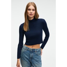 Grimelange CALIDA Kadın Dik Yaka Fitilli Görünümlü Slim Fit Triko Lacivert Kazak