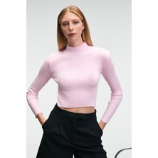 Grimelange CALIDA Kadın Dik Yaka Fitilli Görünümlü Slim Fit Triko Pembe Kazak