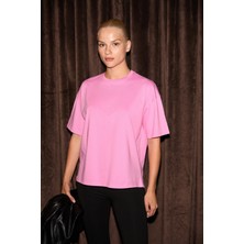 Grimelange LAGERTHA Kadın %100 organik Pamuklu Kalın Dokulu Oversize Fit Yuvarlak Yakalı Pembe T-Shirt