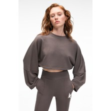 Grimelange ANOUK Kadın Pamuklu Baskı Ve Patch Detaylı Bisiklet Yaka Crop Antrasit Sweatshirt