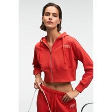 Grimelange ELARA Kadın Metal Fermuarlı Nakışlı Kapüşonlu Crop Kırmızı Sweatshirt