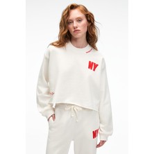 Grimelange DELYRA Kadın Bisiklet Yaka Rahat Kesim Nakış Detaylı Ekru Sweatshirt