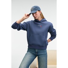 Grimelange MELUREA Kadın Nakışlı Kapüşonlu Comfort Fit Koyu Mavi Sweatshirt