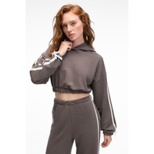 Grimelange ROSELLE Kadın Kapüşonlu Yan Şeritli Kurdele Detay Crop Antrasit Sweatshirt
