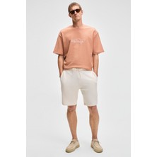 Grimelange MALYES Erkek Beli Lastikli Kordonlu Yanda Çift Arkada Tek Cepli Relaxed Fit Krem Şort & Bermuda