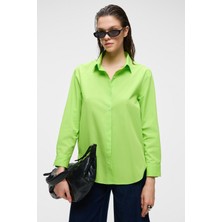 Grimelange DELFINO Kadın Oversize %100 Organik Pamuk Uzun Kollu İnce Uzun Fıstık Yeşili Gömlek