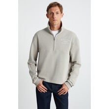Grimelange Andrıck Erkek Organik Pamuklu Dik Yaka Yarım Fermuarlı Bej Sweatshirt
