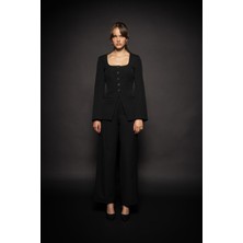 Kadın Siyah Bol Paça Pileli Pantolon