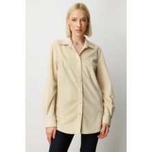 Ekol Kadın Ince Fitilli Kadife Gömlek 3045 Ekru