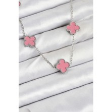 316L Çelik Zincir Gümüş Pembe Renk Yonca Kadın Kolye