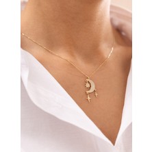 Gece Işıltısı Ay Yıldız Taşlı 14 Ayar Altın Kolye