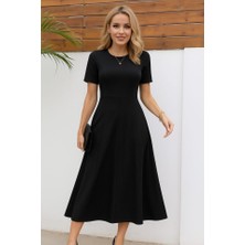 Kadın Kısa Kollu Bisiklet Yaka Maksi Boy Ithal Krep Elbise