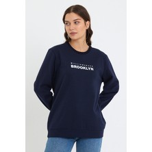 Süperlife Kadın Bisiklet Yaka Oversize Fit Brooklyn Baskılı Ince Sweatshirt SPR23SWK330