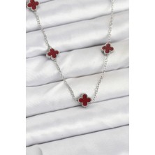 316L Çelik Zincir Gümüş Renk Bordo Baby Boy Yonca Kadın Kolye