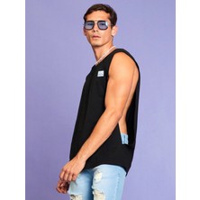 Erkek Oversize Yanları Açık Etiket Detaylı Siyah Atlet
