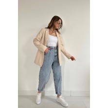 Bej Düğmeli Deri Ceket