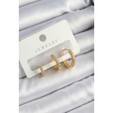 Pirinç Zirkon Taşlı Halka Model Gold Renk 3'lü Çift Kadın Küpe Set