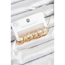 316L Çelik Halka Model Gold Renk 3'lü Set Kadın Küpe