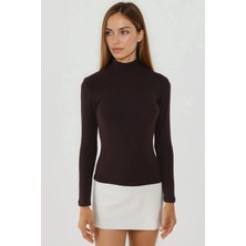 Hiccup Kadın Ultra Yumuşak Slim Fit Dik Yaka Örme Üst Koyu Mocha Kahve