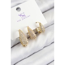 Pirinç Zirkon Taşlı 3'lü Damla Model Gold Renk Kadın Küpe