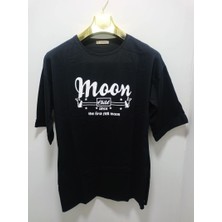 Önü Baskılı Oversize Kadın T-Shirt Bisiklet Yaka