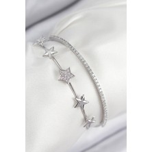 Pirinç Zirkon Taşlı Yıldız Model Gümüş Renk Kadın Bileklik