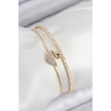 Pirinç Zirkon Taşlı Kuğu Model Gold Renk Kadın Bileklik