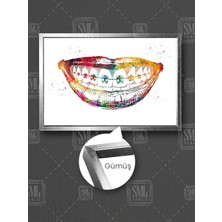 Renkli Insan Dişleri Diş Polikliniği Diş Doktoru Muayenehane Çerçeveli Yatay Kanvas Tablo