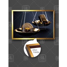 Altın Külçesi ve Altın Coin Altın Kollu Terazi Gold Kuyumcu Çerçeveli Yatay Kanvas Tablo