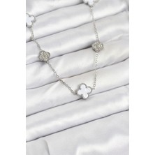 Mç Plus Erb 316L Çelik Zincir Gümüş Renk Beyaz ve Zirkon Taşlı Yonca Kadın Kolye